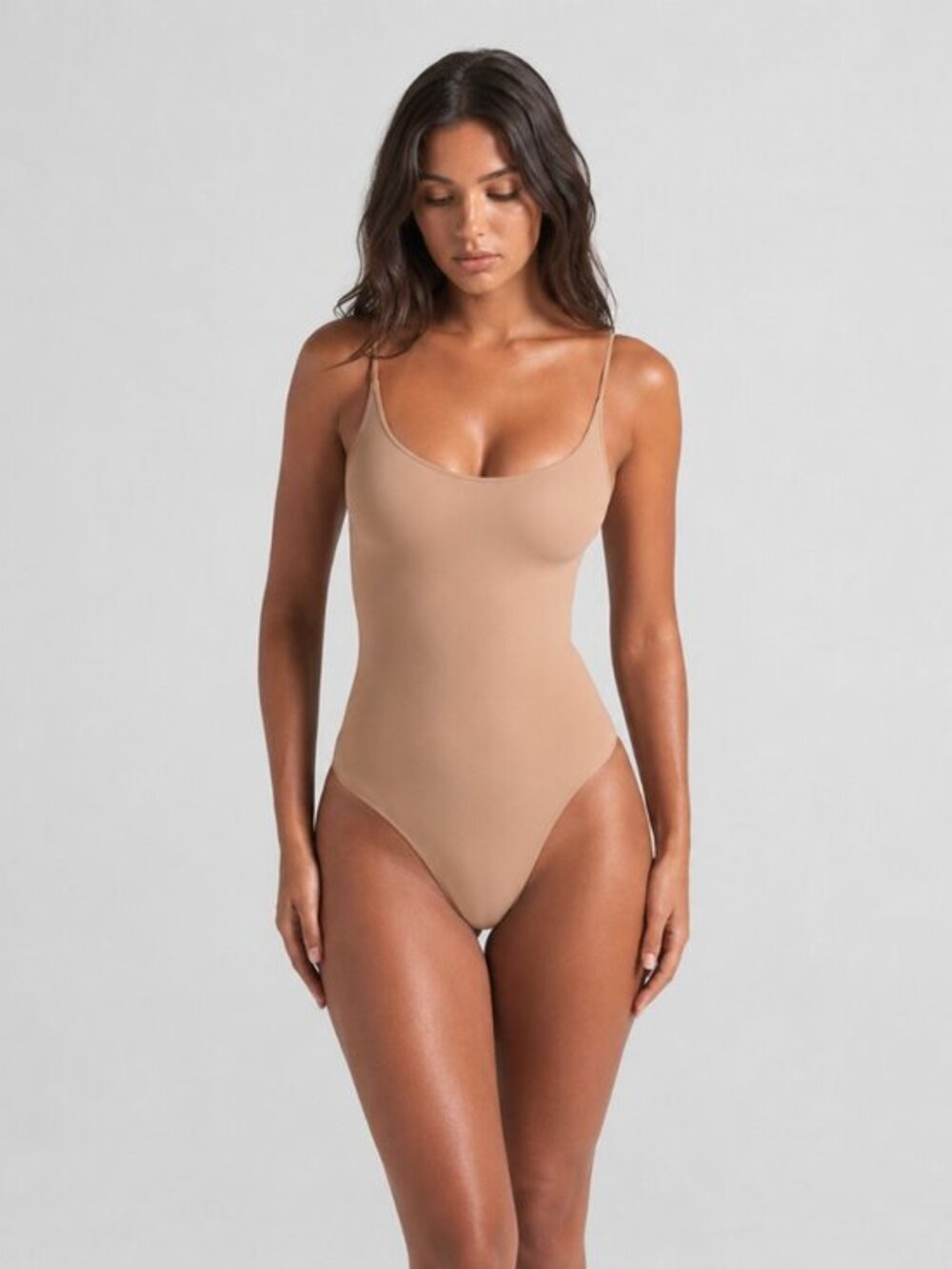 SKIMS Sheer Seamless Thong Bodysuit Clay XS NWT Spaghetti Strap Shapewear